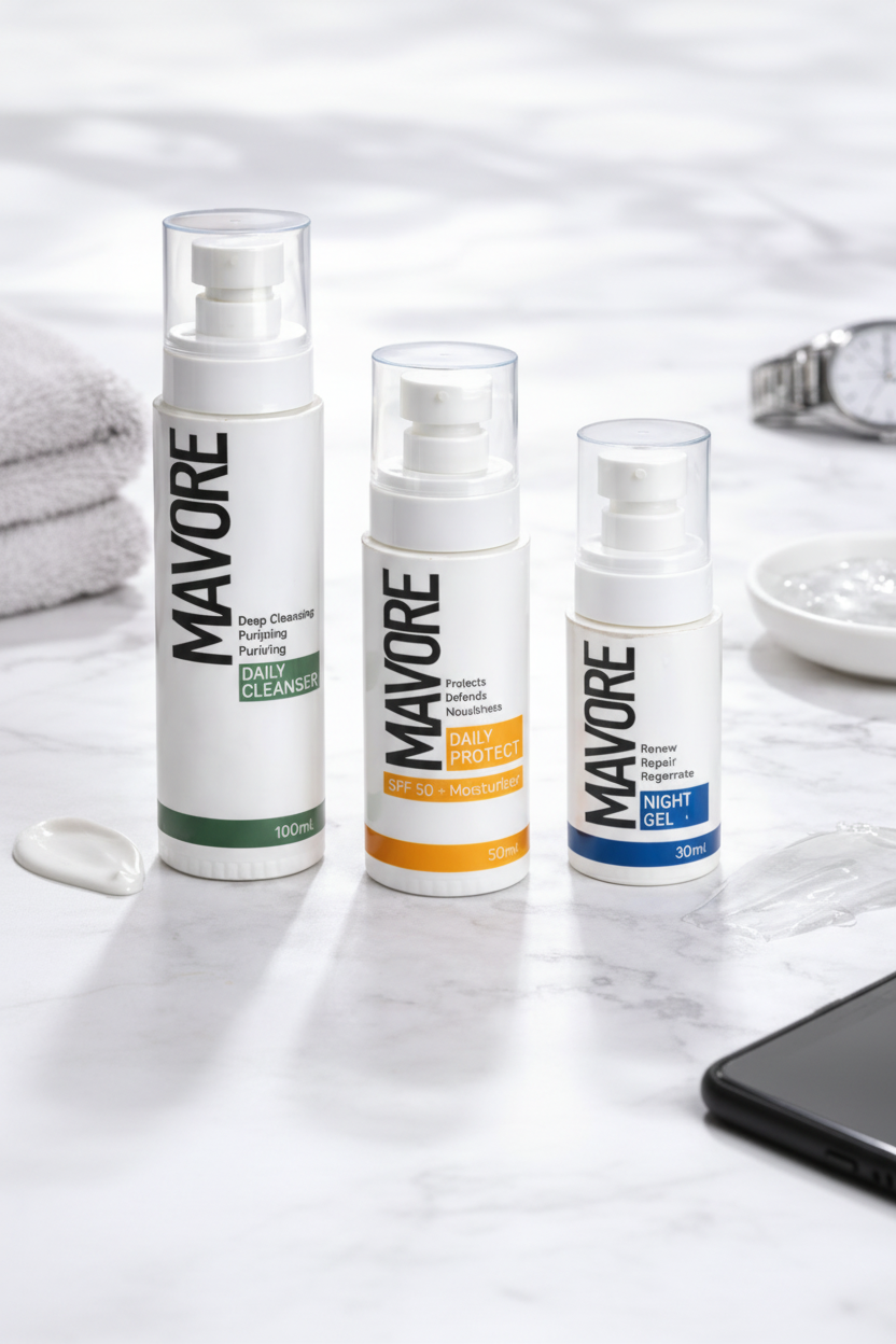Three Mavore skincare products on a marble surface with a watch and bowl in the background.